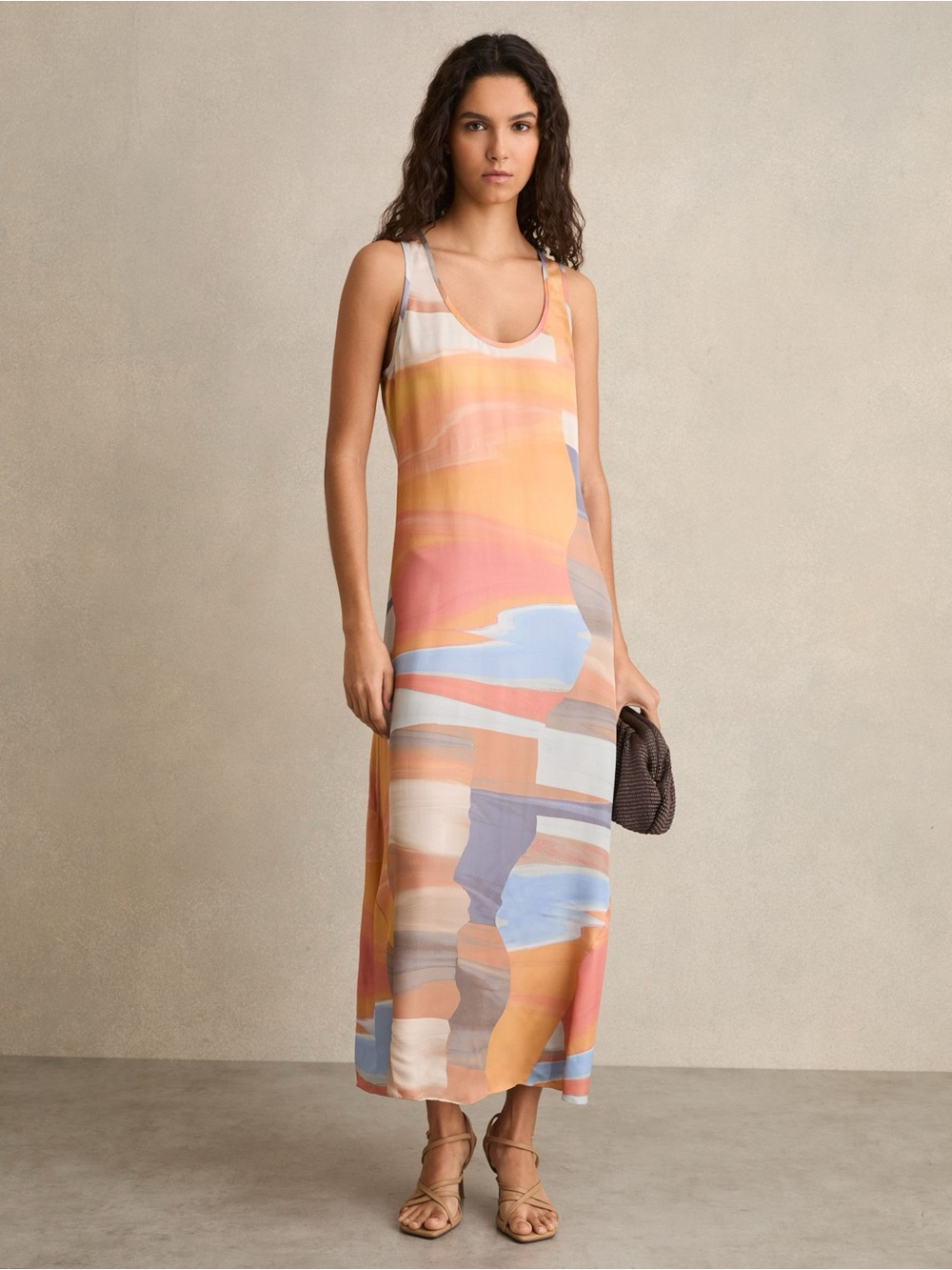 Reiss Layla Sunset Print Sleeveless Slip Dress in Coral sz S